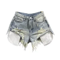 Korean Vintage Blue Sexy Ripped Jeans for Women Patchwork A-line High-waisted Denim Ultra Shorts 1