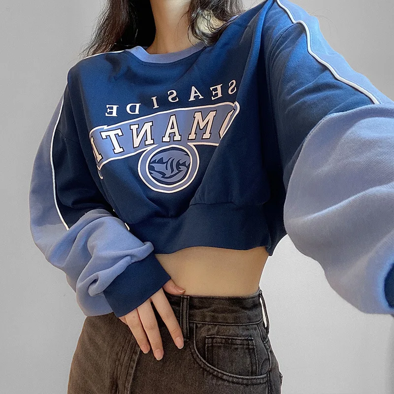 Letter print short sweater loose color matching y2k aesthetic crewneck sweatshirt  new Pullovers