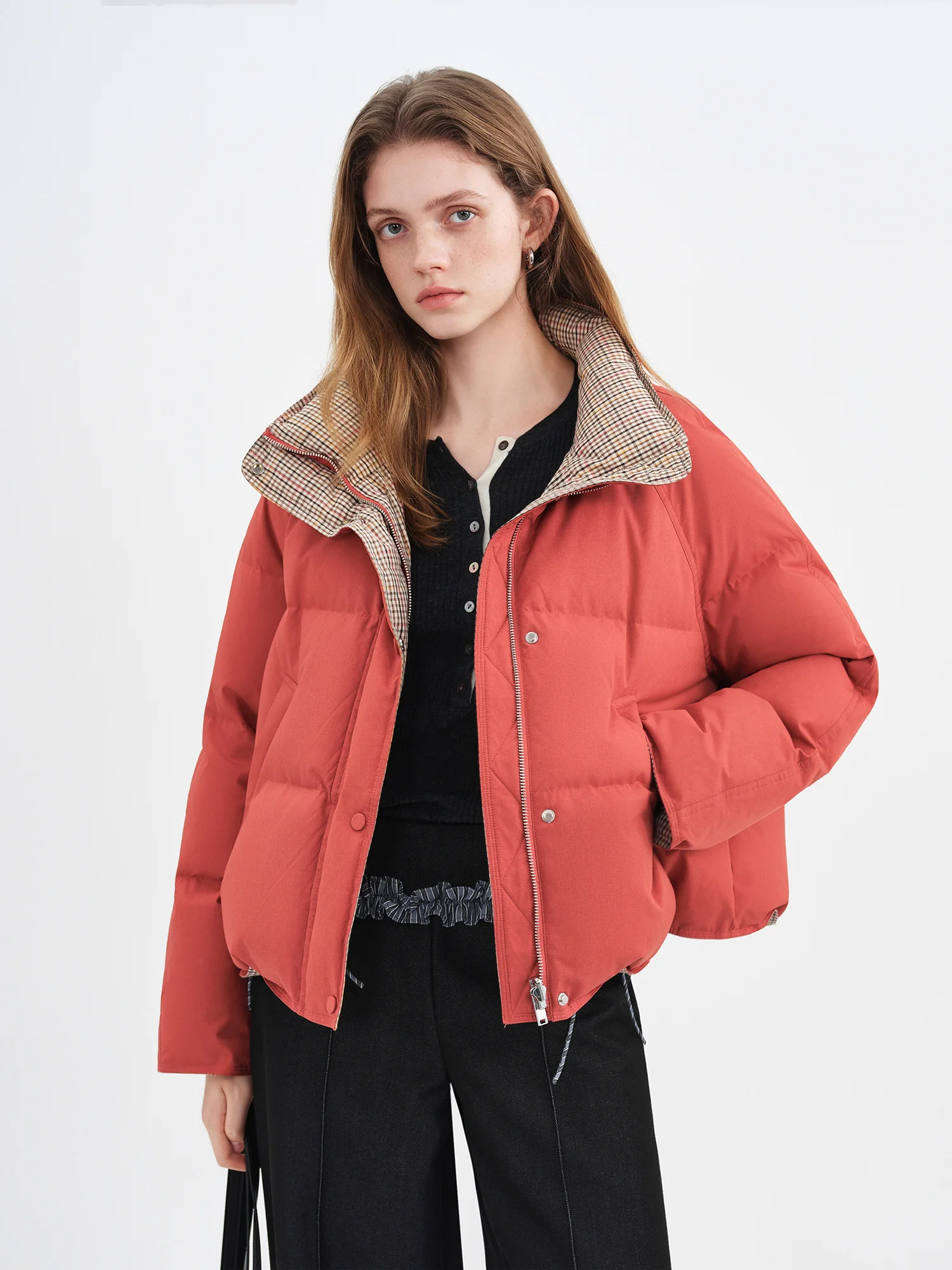 FSLE Double-sided Reversible Standing Collar Down Coat Women Crafted with Premium 90% White Duck Down Winter 2025 New Arrival