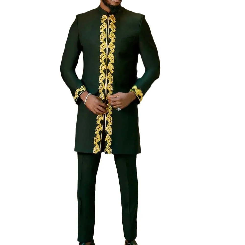 

Men's Suit Pants Suit Embroidery Round Neck Long Sleeve Solid Color Two-piece Set African National Men's Style Men Clothes