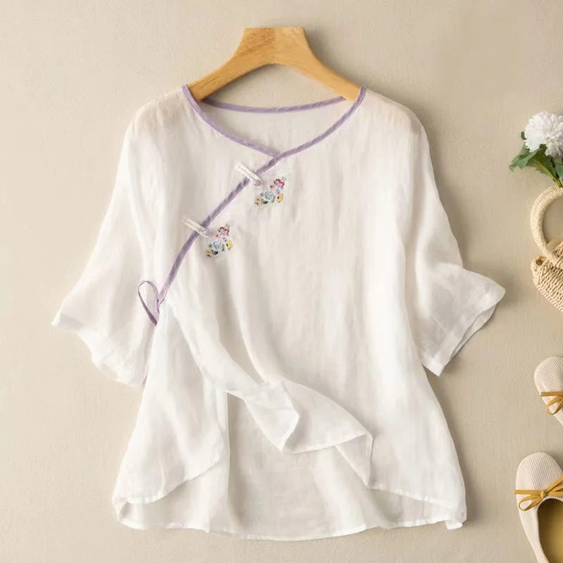 New Spring Summer Traditional Chinese Clothing Women Clothes Short Sleeve Top Loose Hanfu Tang Suit Round Neck Literary T-shirt