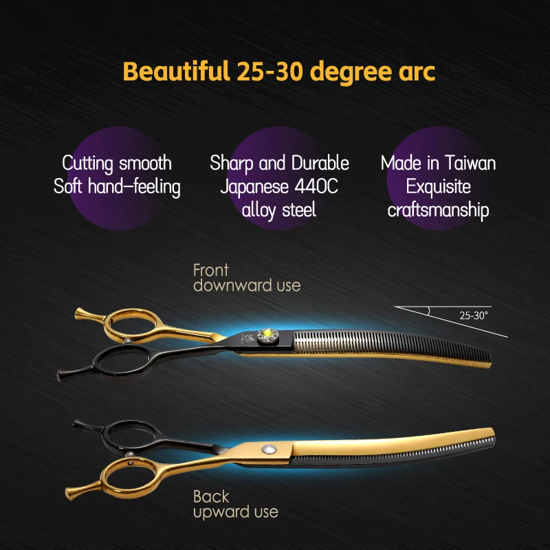 Fenice 하이엔드 JP440C 합금강, 반려동물 손질, 30 ° 곡선, 얇은 청커 가위, 블랙 골드 가위, 핑거 링 포함, 7.5 인치