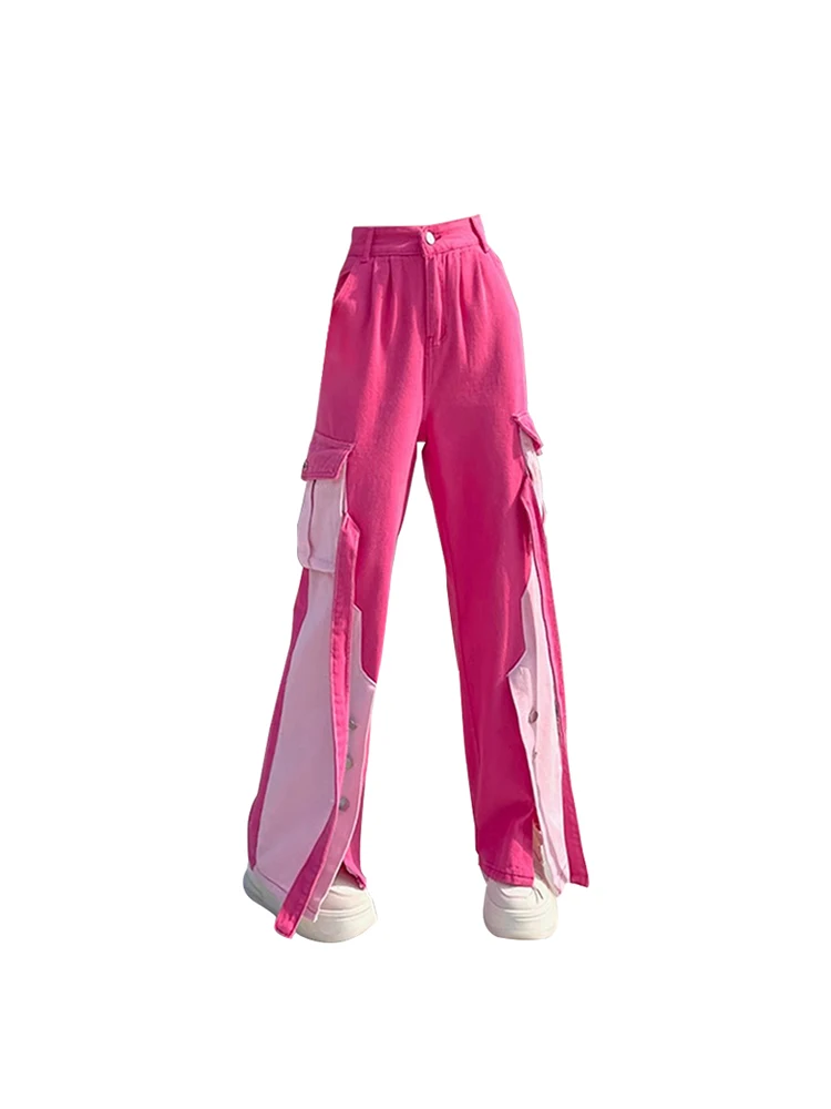 

Women's Patchwork Cargo Jeans High Waist Baggy Wide Leg Jeans Vintage Streetwear Korean Fashion Straight Denim Pants Summer 2023