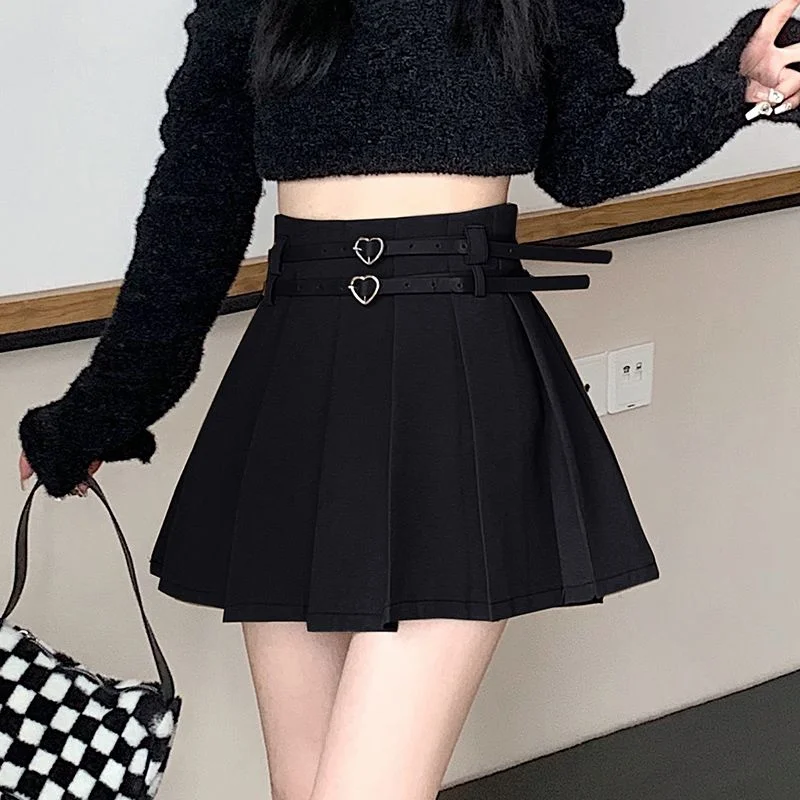 

Black Pleated Skirts for Women High Waist Love Double Belt Cyber Y2k Streetwear Kawaii Preppy Vintage Kpop A-line Fairycore