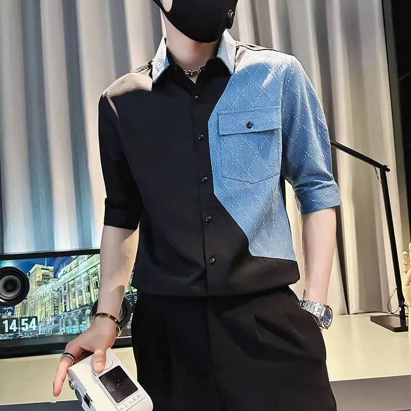 

Techwear Autumn Man Vintage Social Black Shirts Luxury Men's White Slim Fit Half Sleeve Dress Shirt Fashion Casual Chemise Homme