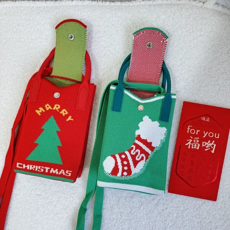 Christmas Cartoon Cute Mini Knitted Mobile Phone Bag Versatile Shoulder Crossbody Bag Coin Purse Small Square Bag for Women 2023