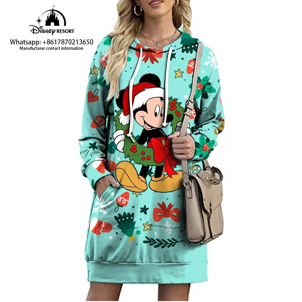 

New Disney Brand Christmas Mickey and Minnie Cartoon Print Autumn and Winter Women's Fashion Trend Round Neck Lengthened Hoodie