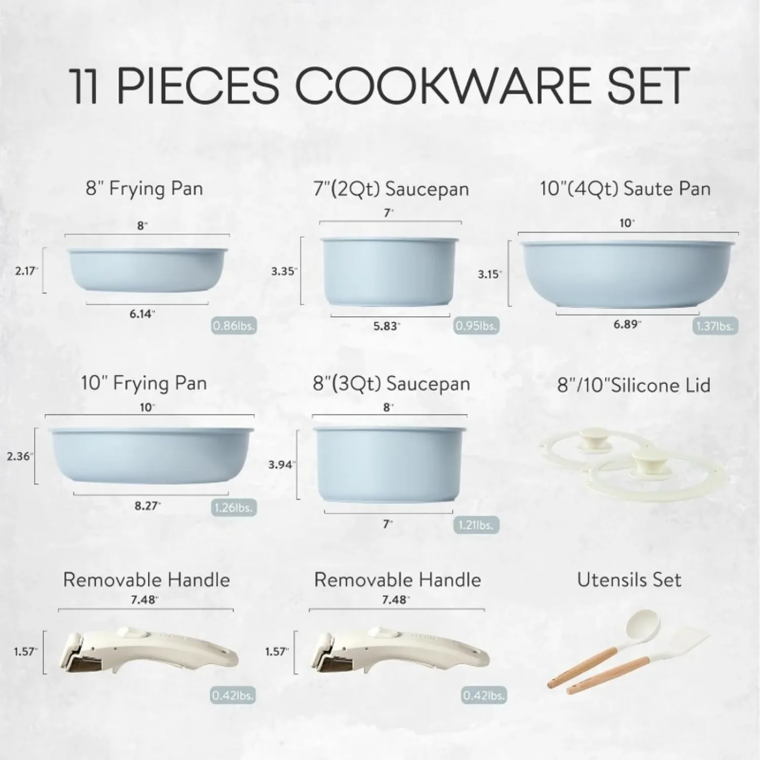 11pcs Induction Kitchen Cookware Sets Non Stick with Removable Handle, RV Cookware Set, Oven Safe, Baby Blue 2