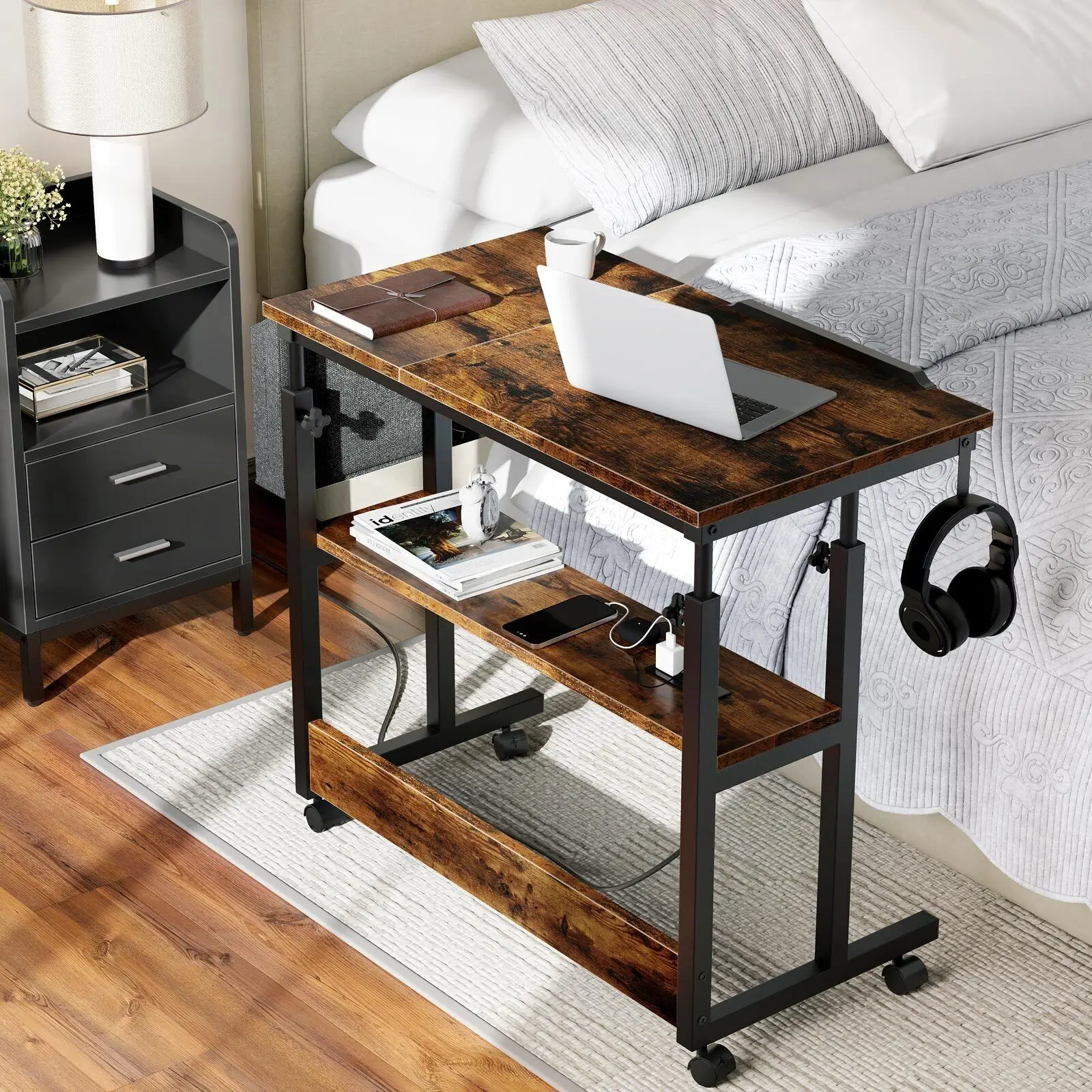 Mobile Standing Desk Adjustable Height Computer Desk with Charging Station Black