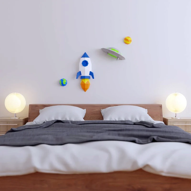 Space Rocket UFO Planet Theme Paper Model Children's Room Wall Decoration Home Decor Papercraft 3D DIY Handmade Origami Toys