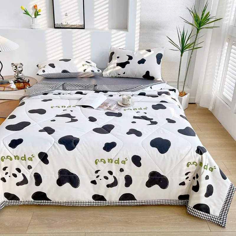 

Washed Cotton Cute Panda Cat Print Summer Cooling Comforter Reversible Lightweight Cooling Blanket Breathable Soft Skin-friendly