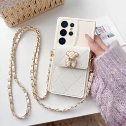 Bear Wallet Strap Crossbody Case - PU Leather Fashion Cover with Card Holder Lanyard - S24 Ultra (White taiJie)