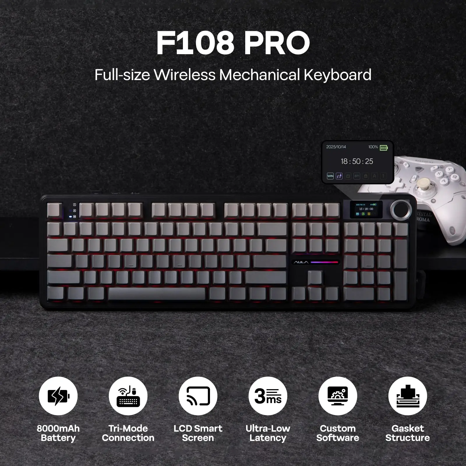 Aula F108 PRO 무선 게이밍 키보드 (스크린 포함, 8000mAh 배터리, 104개 핫스왑 및 프로그래밍 가능 키 ...