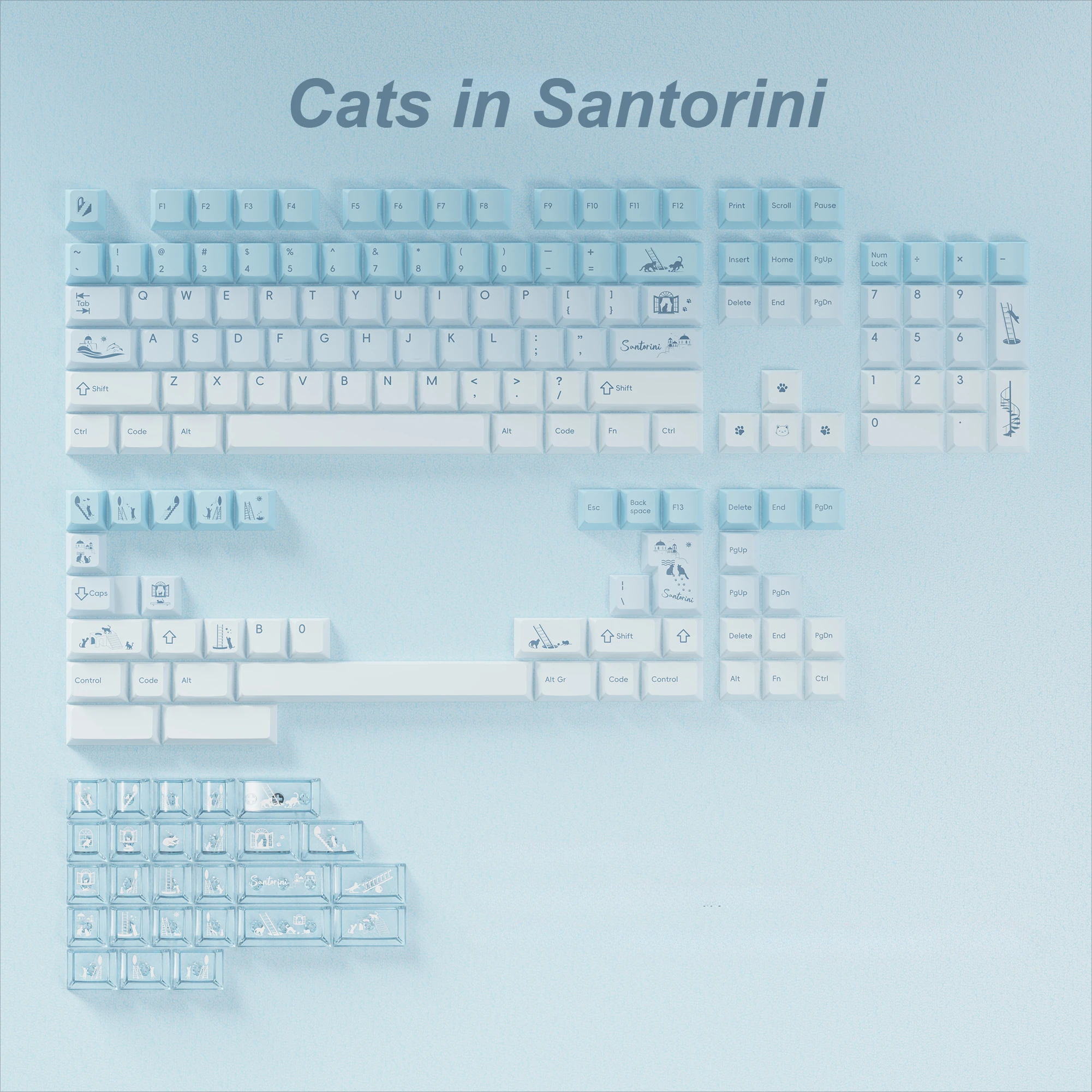 サントリーニ島の猫テーマキーキャップセット PBT + PC 素材チェリー