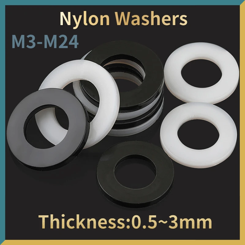 

White/ Black Plastic Nylon Flat Washer Plane Spacer Insulation Gasket Ring For Screw 0.5~3mm M2 M2.5 M3 M4 M5 M6 M8 M10 M12~ M24
