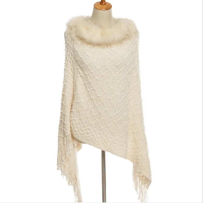 

Large Knitted Shawl Women's Autumn Winter New Chenille Cloak Fur Warm Tassel Pullover Cloak Hairy Collar Outdoors White