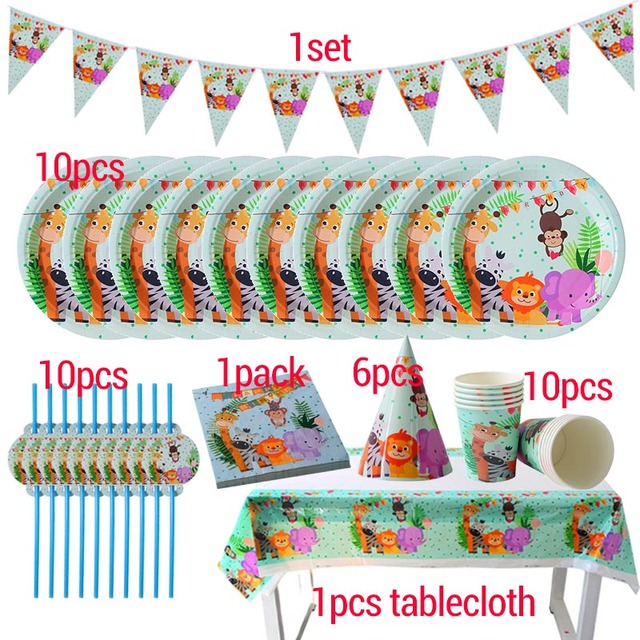 Safari Birthday Party Decoration Disposable Tableware Set Safari Dinosaur Party 1st Birthday Boy Baby Shower Supplies