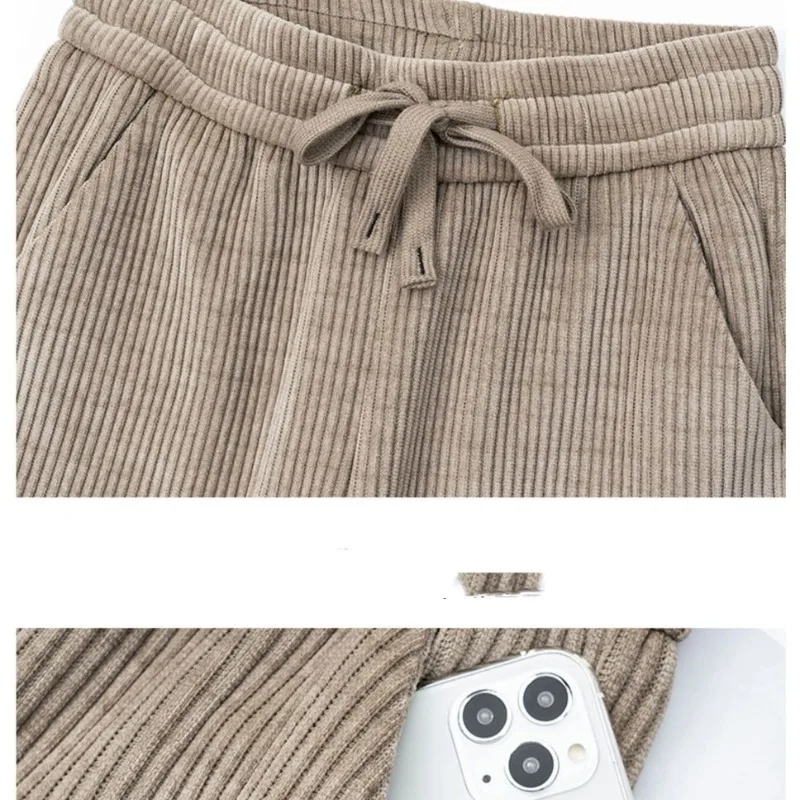 Women's Autumn Winter Solid Screw Thread Bandage High Waisted Drawstring Casual Loose and Thickened Wide Leg Trousers Pants