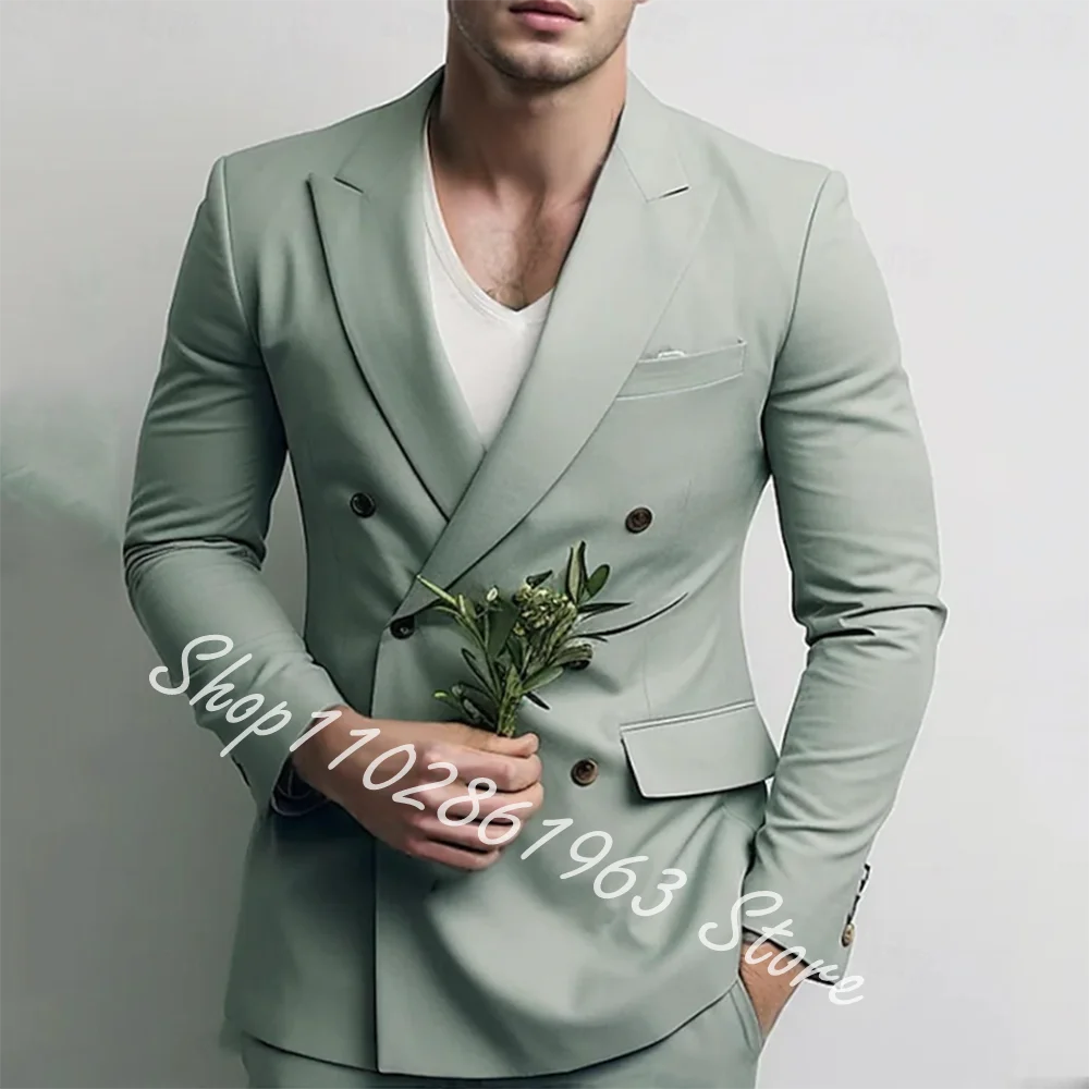 Green Men's Suit 2 Pieces Double Breasted Jacket Pants Wedding Groom Tuxedos Elegant Custom Suits Men Blazer Trajes De Hombre green burgundy men suits 2019 trajes de hombre traje homb custom made groom suit suit for men 2 piece jacket pants tie