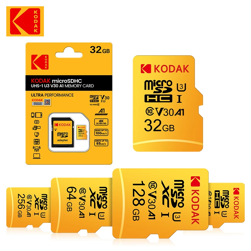 코닥 고속 마이크로 SD 카드 선물 어댑터, 64GB U3 A1 V30 클래스 10 메모리 카드