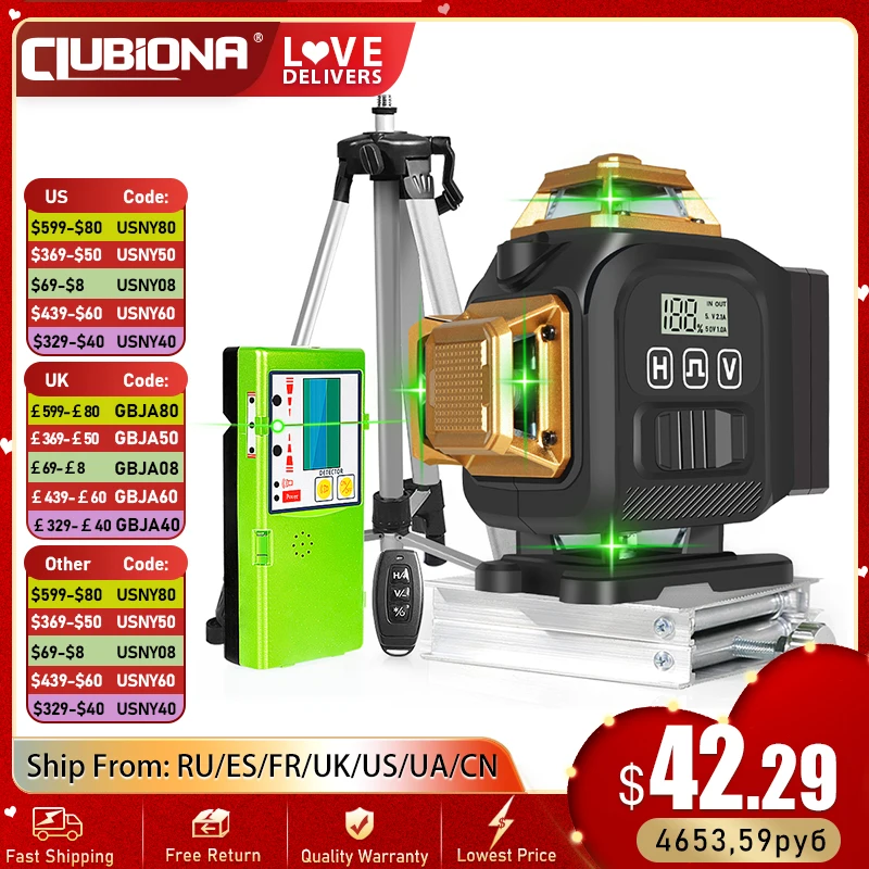 Clubiona 4D 16 Lines Laser Levels Cross Line 360 Self-Leveling Horizontal And Vertical Super Power Green Beam construction laser