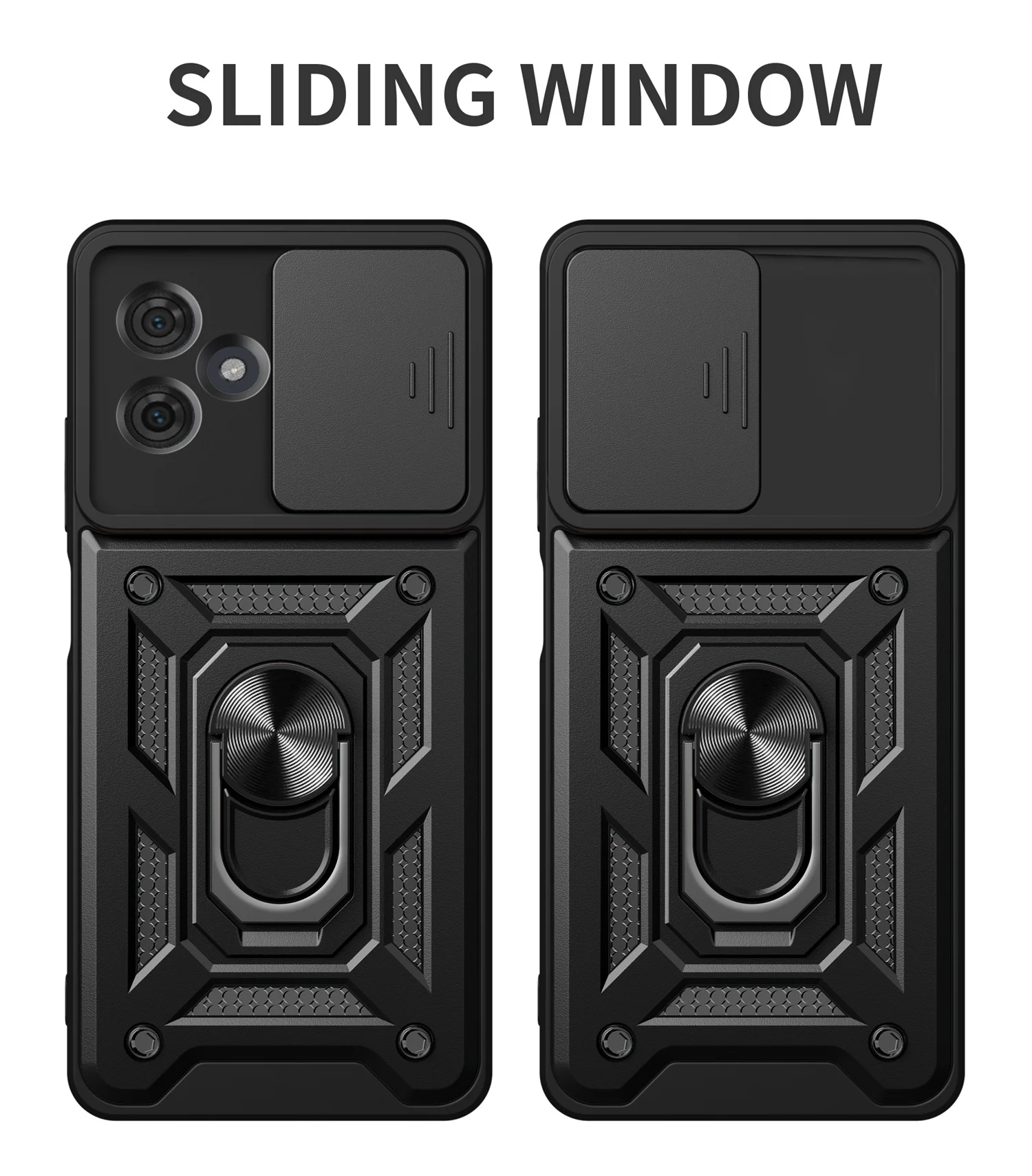 Durable Military Heavy-Duty Phone Case with Ring Bracket and Push Window Lens Coverage