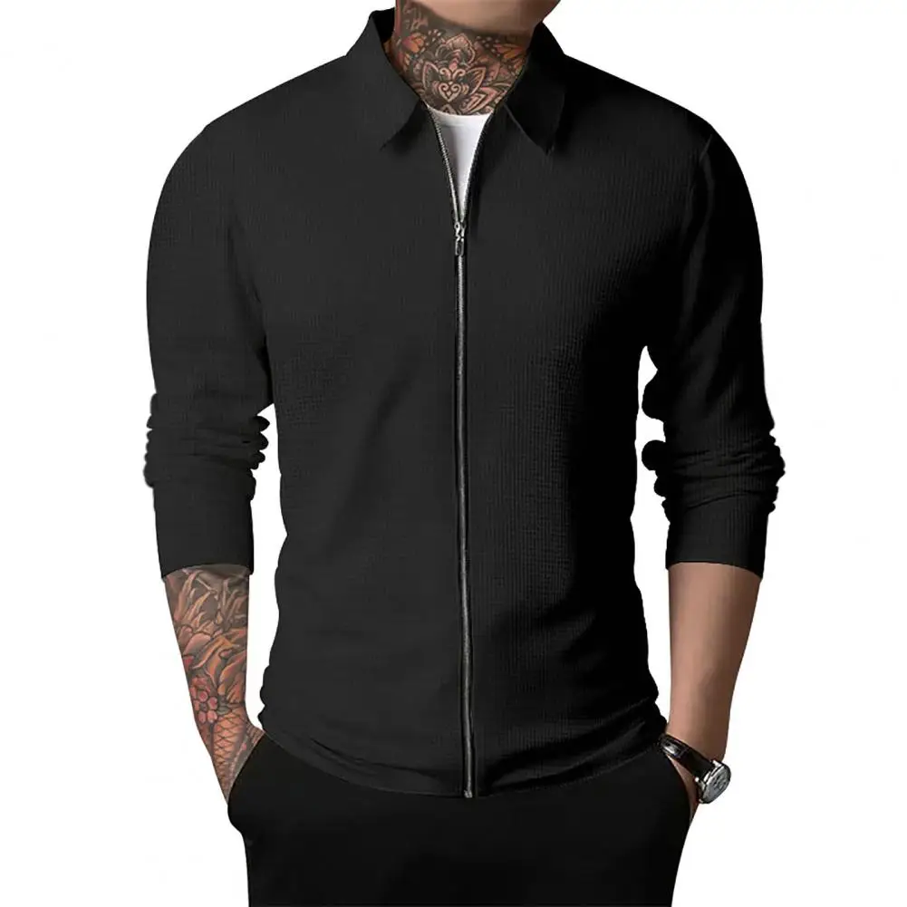 

Men Coat Slim Fit Men's Waffle Texture Cardigan Stylish Lapel Jacket with Zipper Placket for Spring Autumn Outwear Long Sleeve
