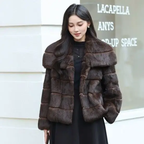 Peau entière réel manteau de fourrure de lapin pour les femmes automne hiver veste courte épais chaud mode revers élégant femme vêtements d'extérieur chauds