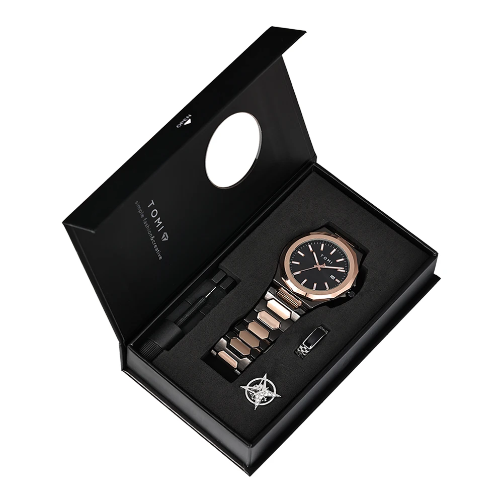 TOMI Luxury Business Men's Watch Gift Box Set High Quality Rose Gold Case Simple and Versatile Quartz Watch Relogio Masculino
