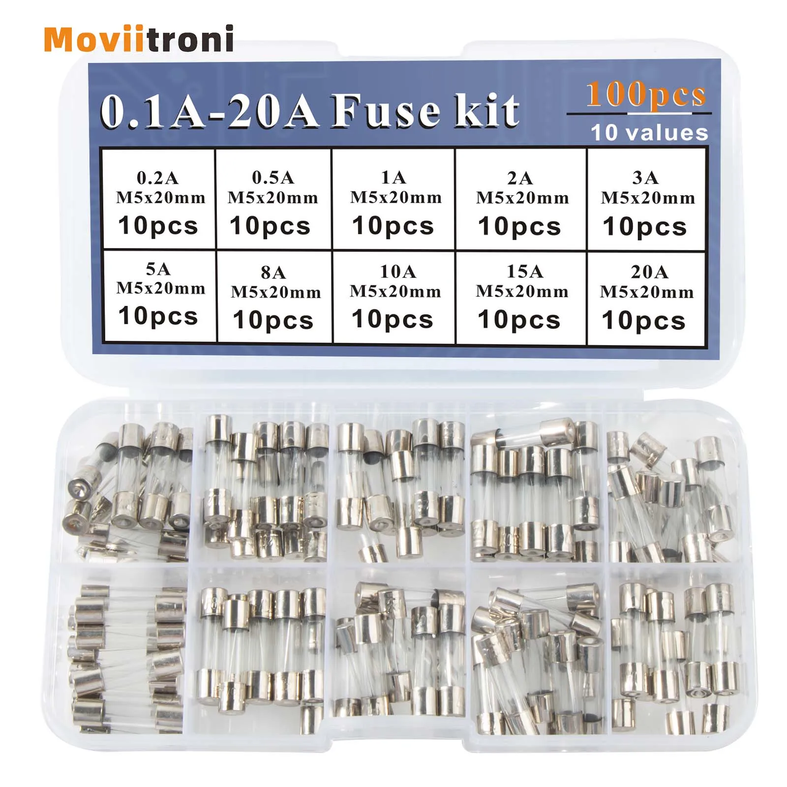 Fast Blow Glass Fuses Assortment Kit 10 Values m5x20mm 0.2-20A 100pcs