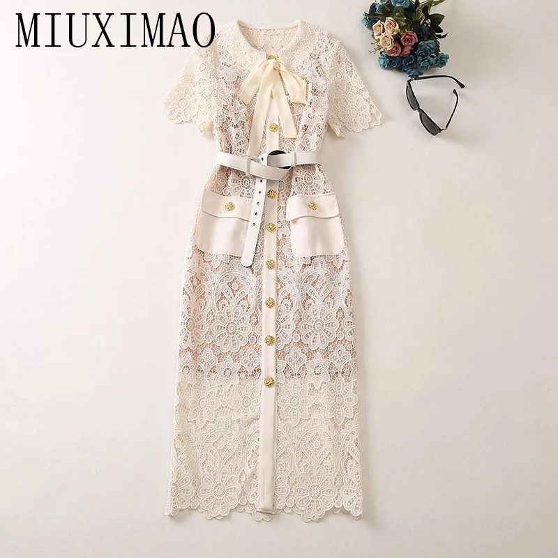 

MIUXIMAO 2023 High Quality Spring&Summer Elegant Dress Short Sleeve Bow Lace Single Breasted Fashion Long Dress Women Vestide