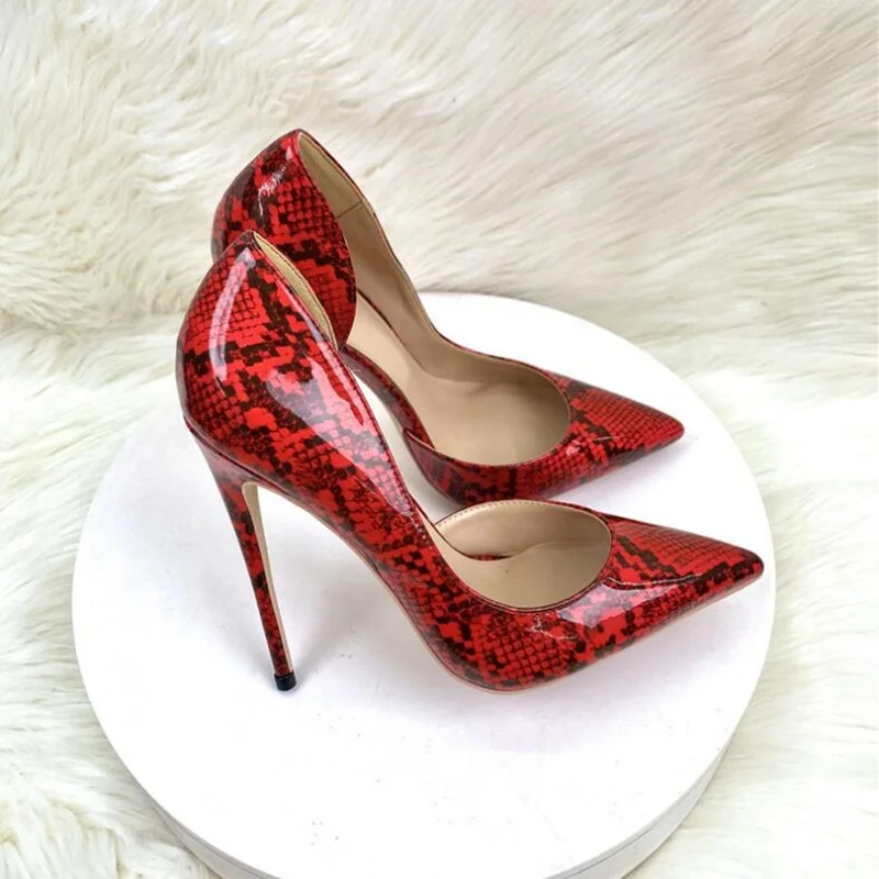 Red Snakeskin Leather Printed High Heel Pumps Pointed Toe Cutouts