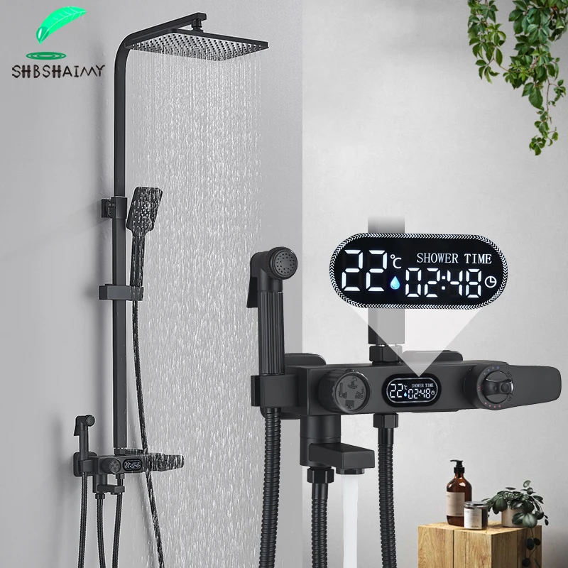 Schwarz Thermostat Lcd Dusche Wasserhahn Digital Display Set Regen Kopf Für Badewanne Systeme Bidet Armaturen
