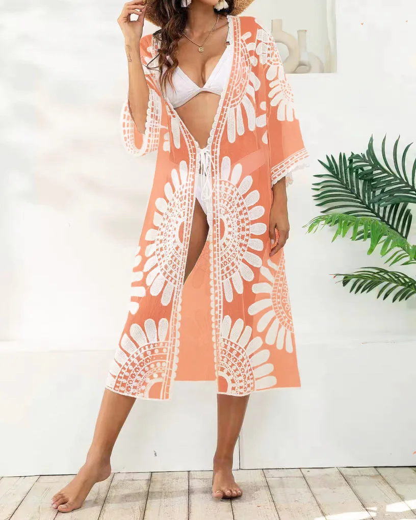 Crochet Bikini Cover Up Transparent Lace Swimsuit Women Kimono Beach Dress Summer Beach Wear Swimsuit 2024 Sexy Cover Up