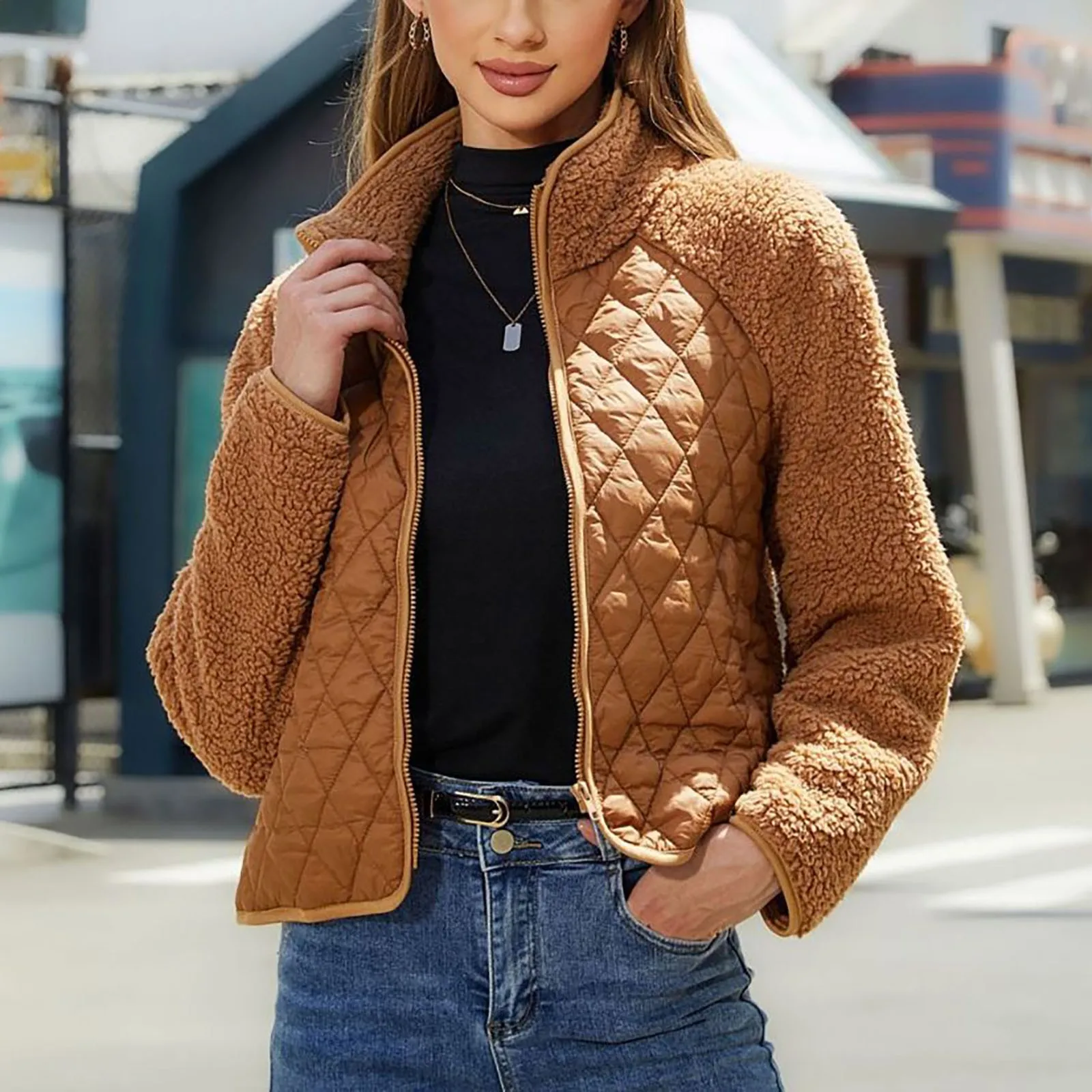 

Fleece Jacket Women'S Soft Warm Autumn Winter 2023 New Solid Color Stand Collar Zipper Pocket Long-Sleeved Plush Jacket