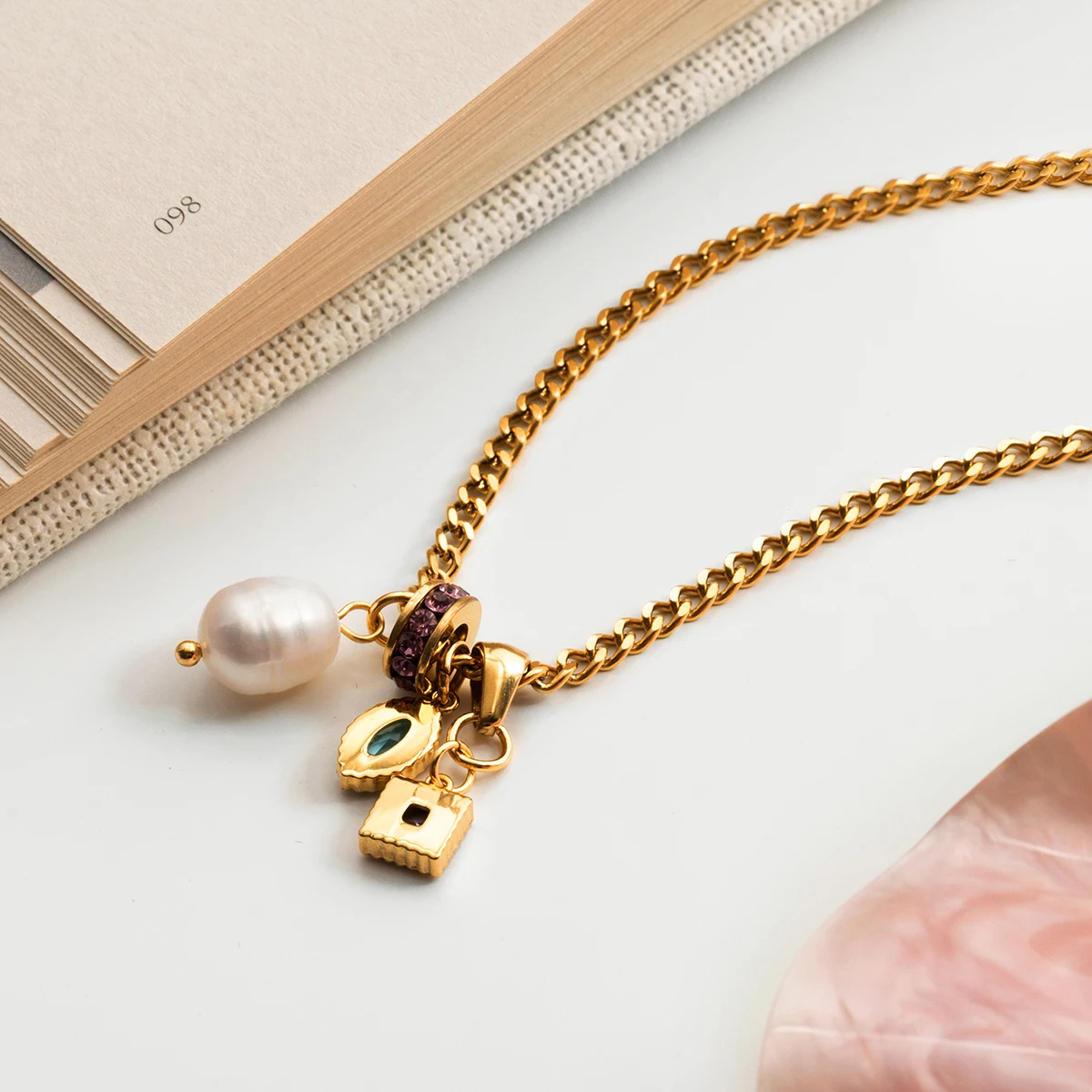 Youthway Lucky Zircon Bead Freshwater Pearl Pendant Necklace For Women 18K Gold Plated Stainless Steel Necklace Fashion Jewelry_voghion.com