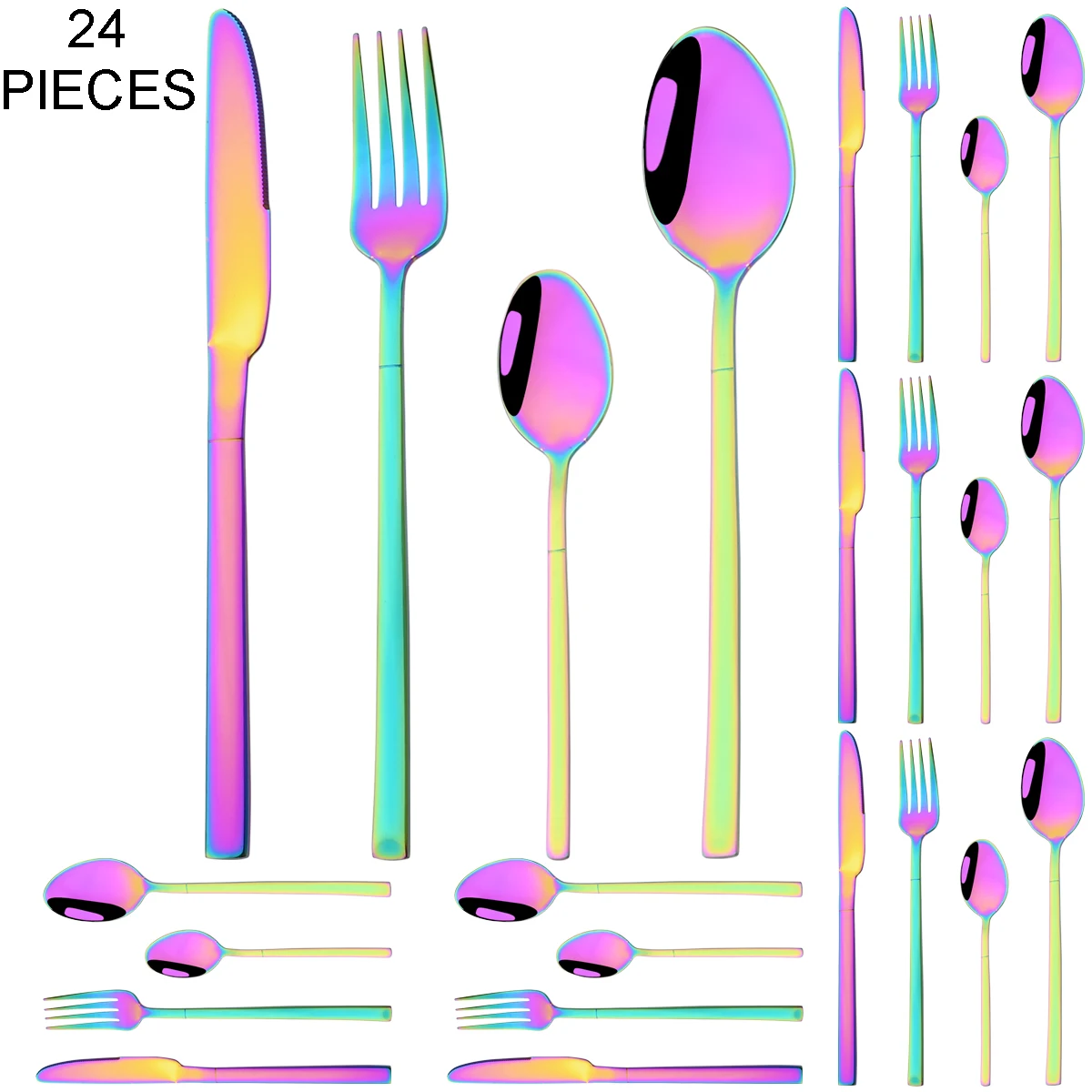 

24Pcs Colorful Dinnerware Set Mirror Knife Fork Spoon Cutlery Set Stainless Steel Flatware Western Kitchen Tableware Silverware