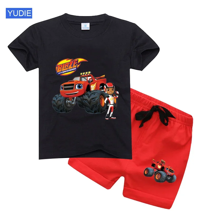 Conjunto de t-shirts e shorts para bebês e meninas, roupas de desenhos animados, velocidade incrível, carros, máquinas monstro, crianças, terno 2pcs, verão 10