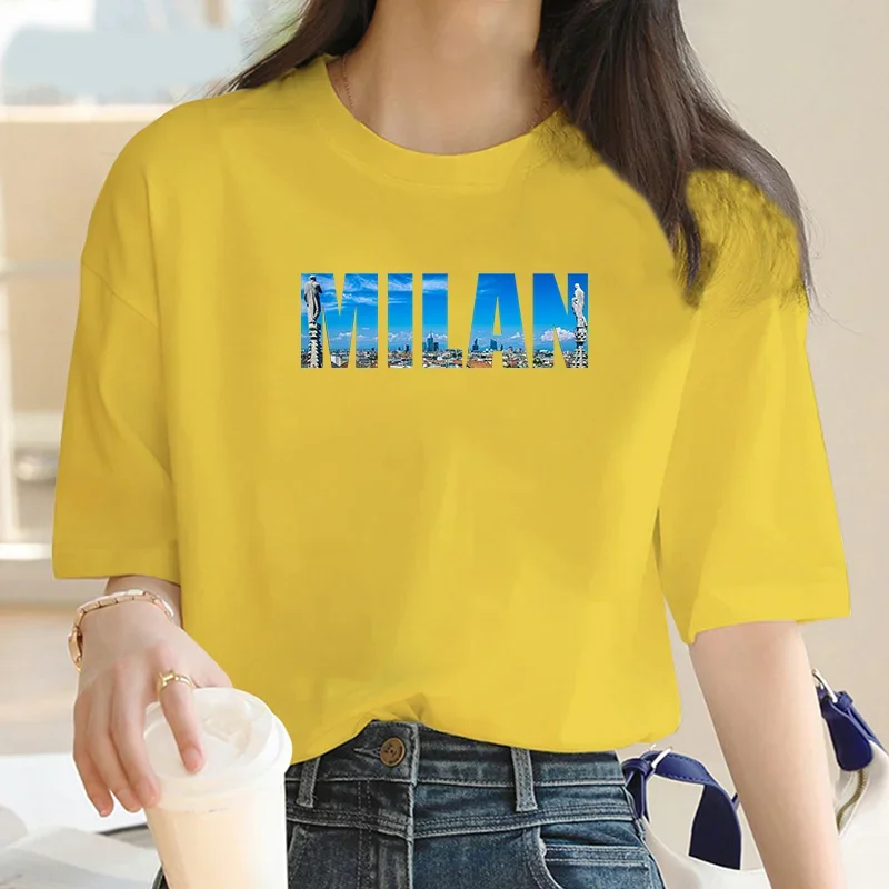 

Summer Women T Shirt International Fashion Capital of Milan City Printed Women's T Shirts Short Sleeve Femmes T-shirt Cotton