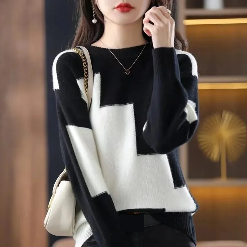 Sweater Women New O-Neck Color Matching Short Warm Pullover Long Sleeved Knitted Sweater Bottom Shirt Female Tops Women Clothing