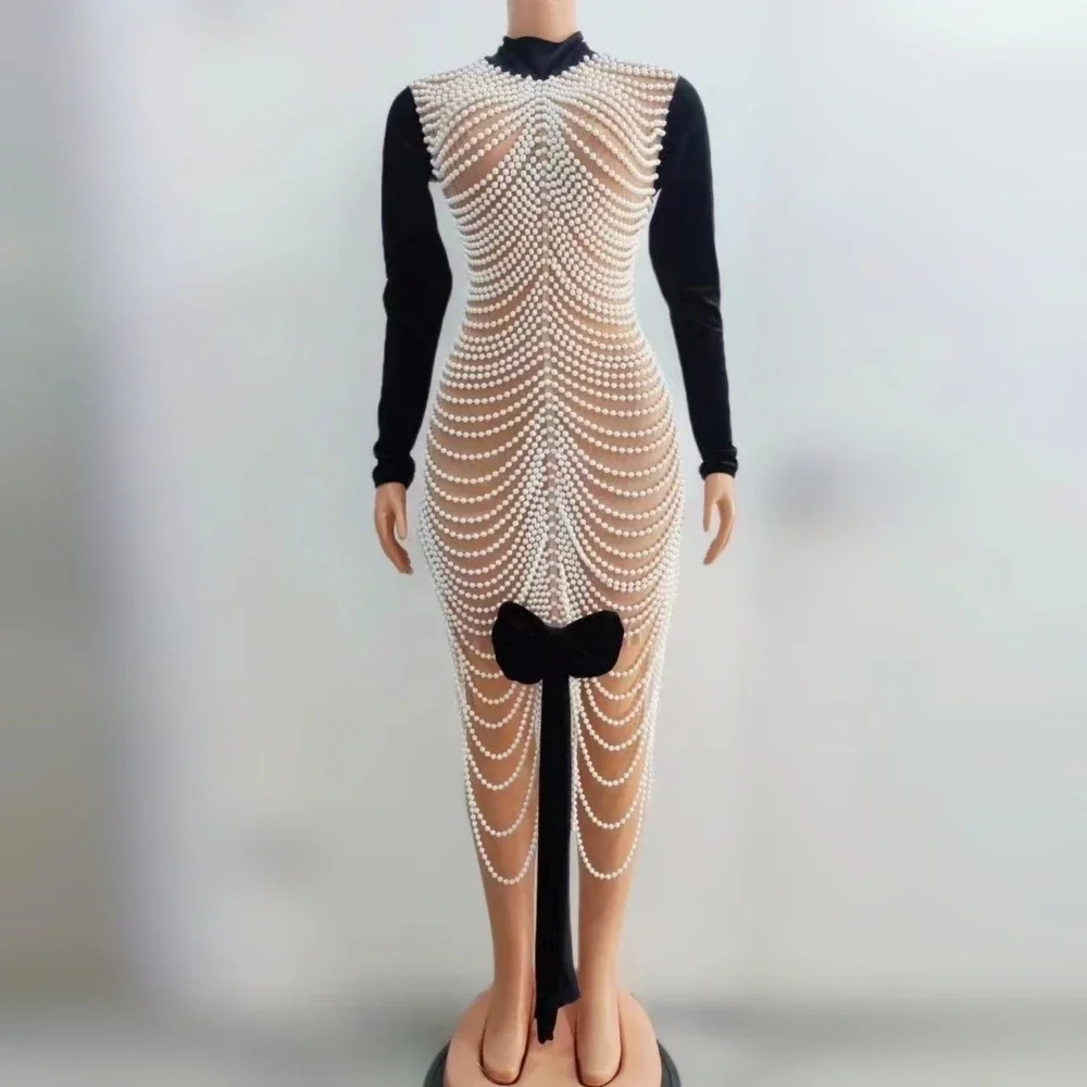 

Black Velvet Pearl Chain Sexy Hollow Out Sheath Dress Evening Party Performance Costume Bar Nightclub Singer Dancer Stage Wear