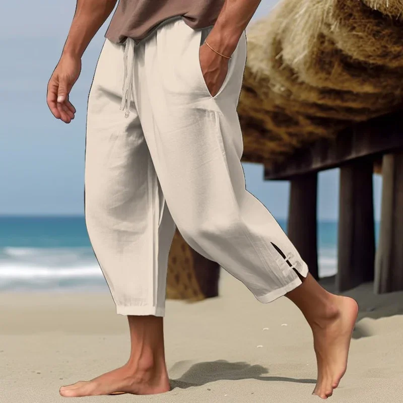 Seaside Beach Daily Leisure Mens Linen Pant Spring Summer Fashion Side Slit Design Thin Pant Men Casual Loose Three Quarter Pant 4