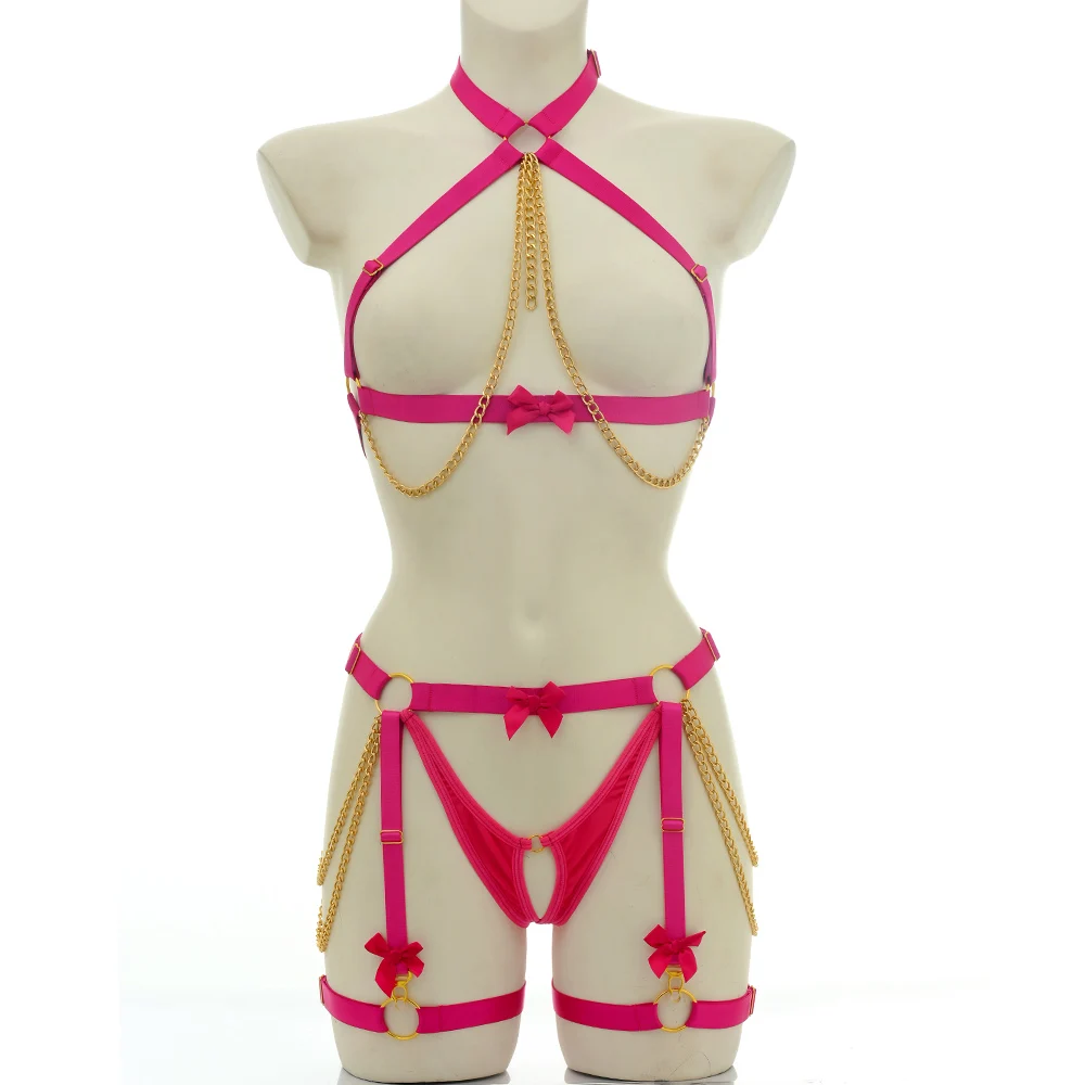 Women Open Bra Bow Harness Hollow Erotic Lingerie Set Sexy Underwear Suit Corset Harajuku Body Chain Bondage Harness Suspender