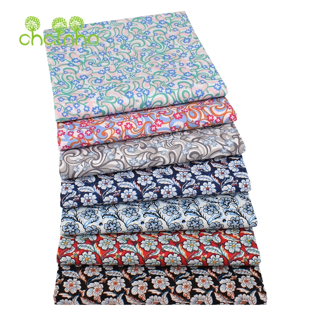 Chainho,Printed Plain Weave Poplin Cotton Fabric,DIY Sewing Quilting Material,Patchwork Cloth,Flower Series,4 Sizes,PCC73
