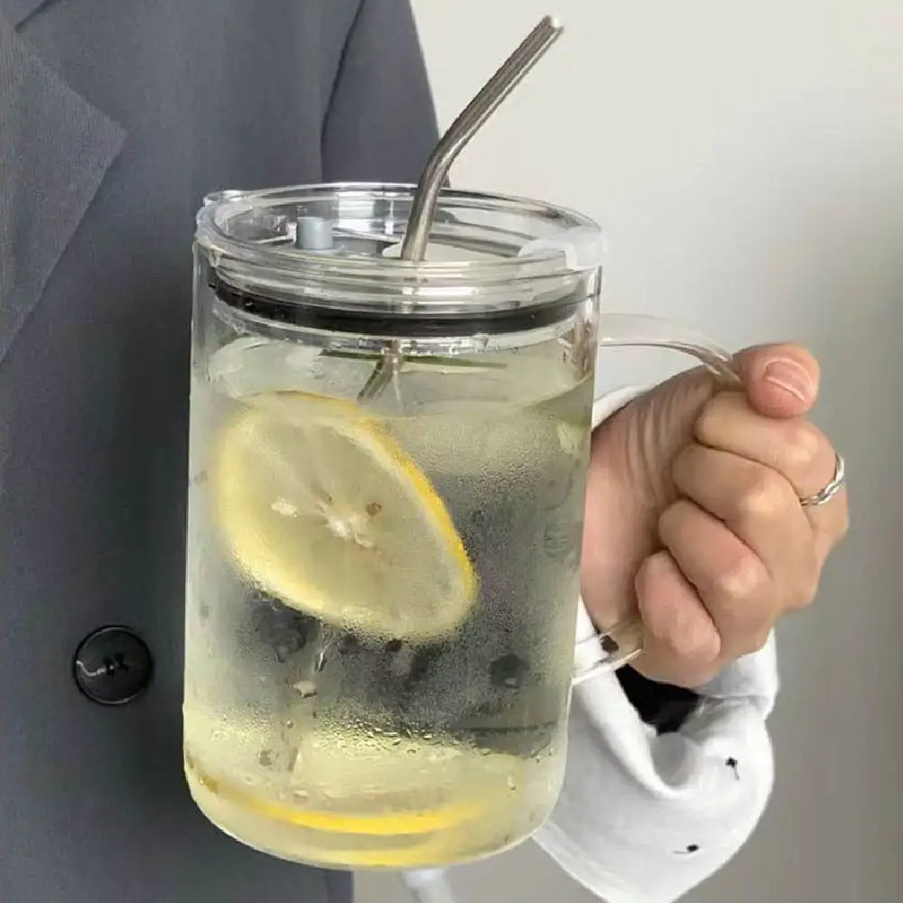 Large Clear Glass Mug with Handle, Lid & Straw - Versatile Wide Mouth Design