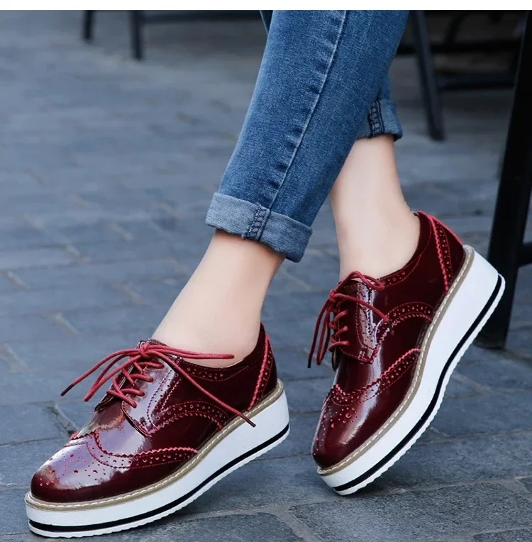 Genuine Leather Shoes Women Flats Oxford Lace Up Striped Platform White Black Fashion Vintage Platform Brogue Shoes Woman 4