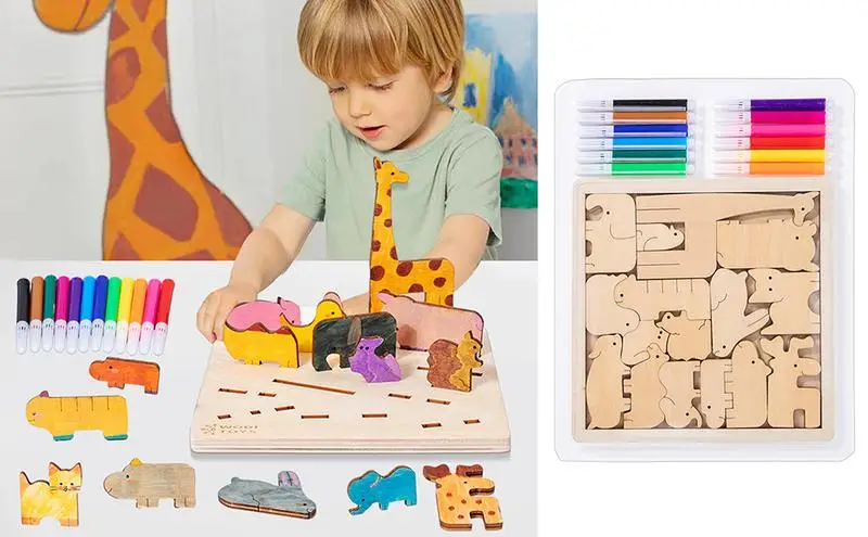 

Kids Wooden Puzzles 3D Wood Graffiti Puzzle Toys Animal Pairing Toys Educational Montessori Learning Toys For Boys Girls Kids