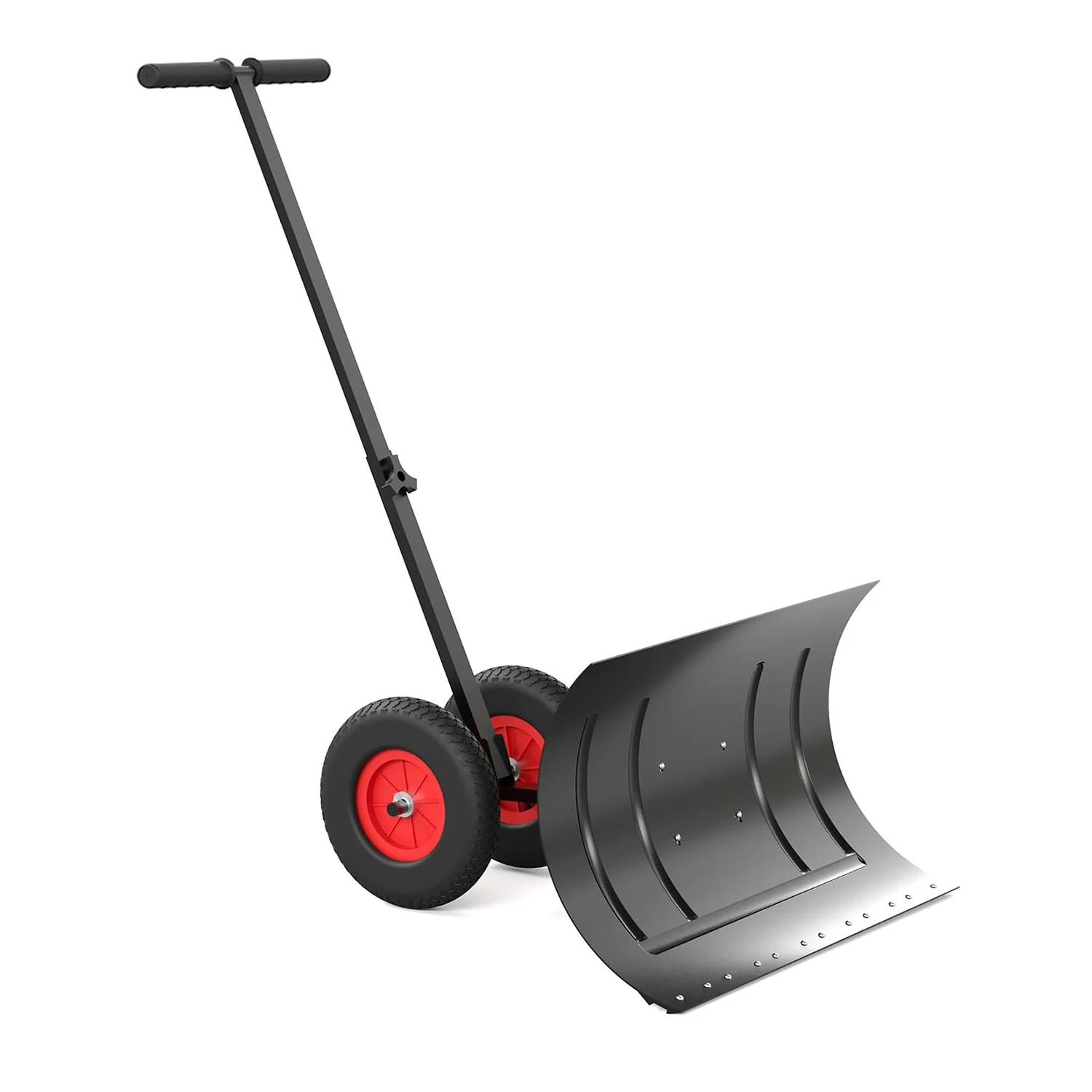 Metal Snow Pusher with Wheels, Adjustable Angle & Height Handle 1