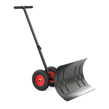 Metal Snow Pusher with Wheels, Adjustable Angle & Height Handle 1