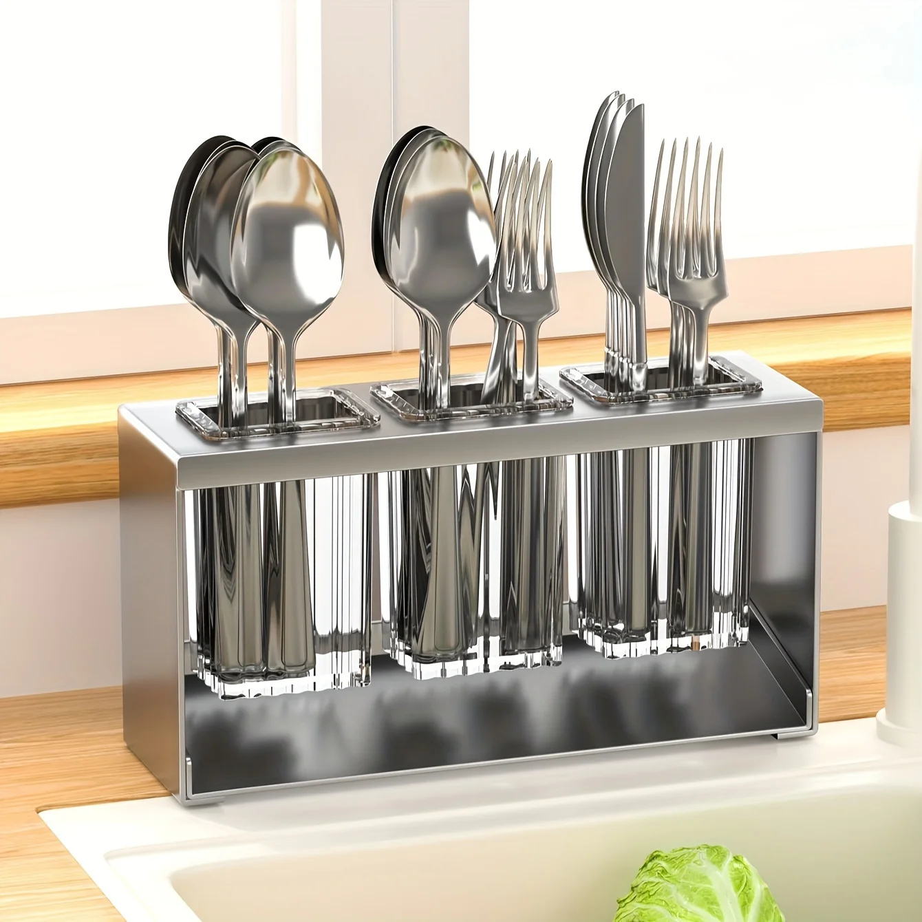 Cutlery Organizer 1pc Stainless Steel Multifunctional Kitchen Utensil Holder with Drainage and Transparent Chopsticks Knives Forks Spoons